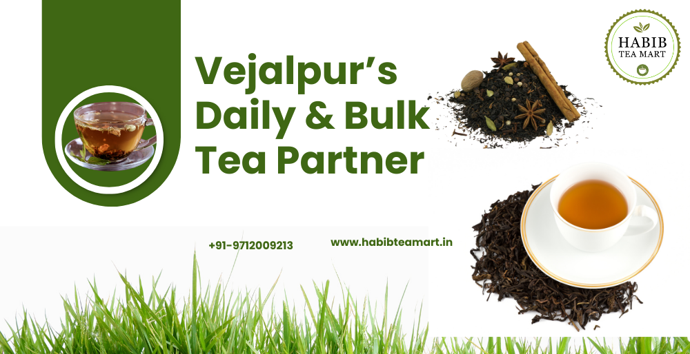 Habib Tea Mart tea pack with chai cup representing reliable tea supply in Vejalpur for daily and bulk needs