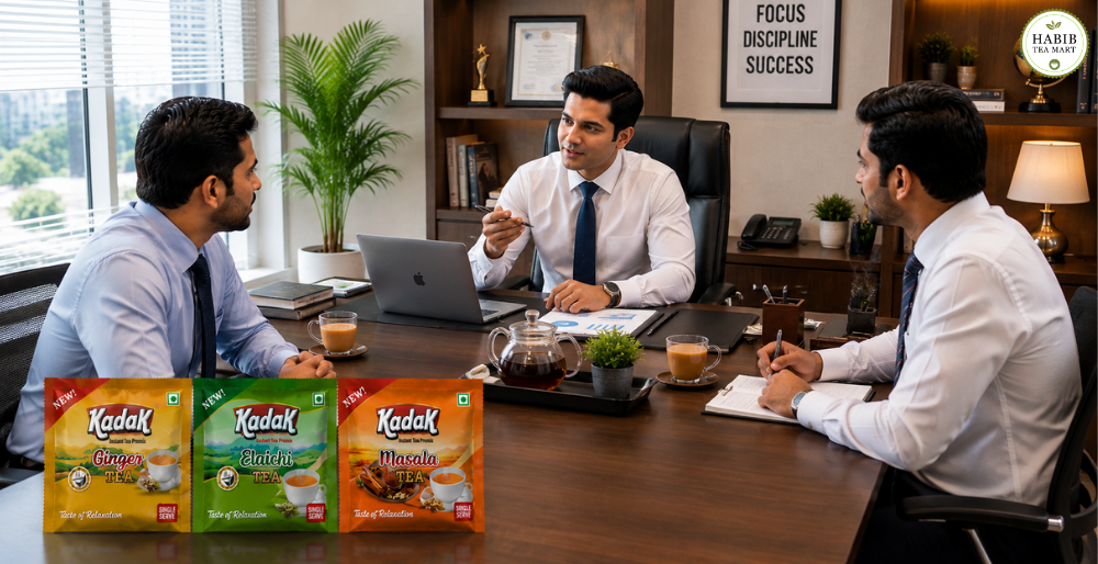 Kadak Ginger Elaichi and Masala Instant Tea Premix for an office cabin meeting