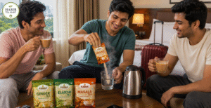 Kadak Ginger Elaichi and Masala Instant Tea Premix enjoyed during a hotel stay