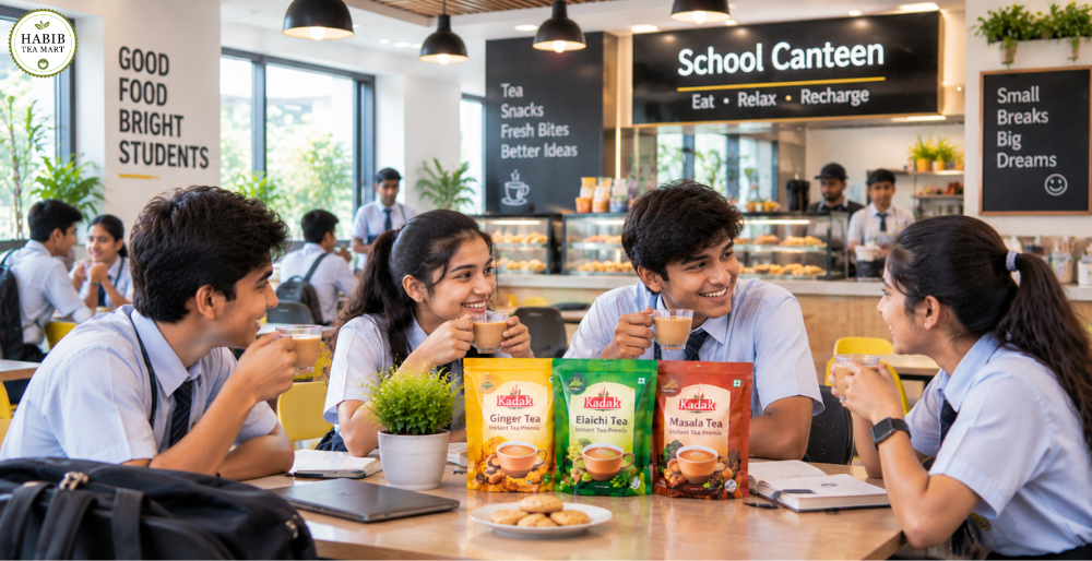Students enjoying Kadak Ginger Elaichi and Masala Instant Tea Premix during a school break