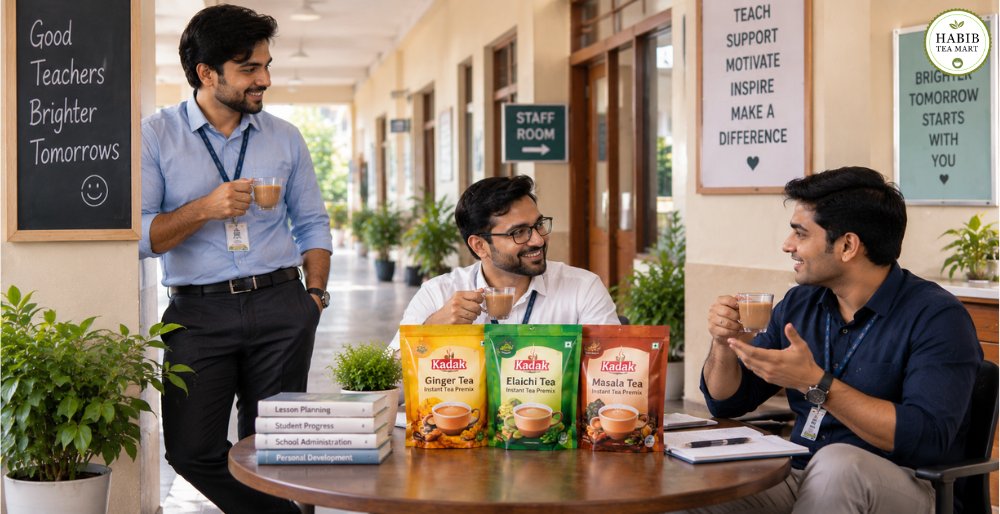 Male school teachers enjoying instant tea premix during a staff room break in Godhra