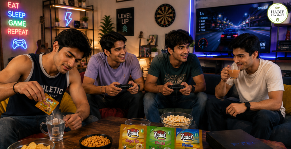 Kadak Ginger Elaichi and Masala Instant Tea Premix during a friends gaming gathering