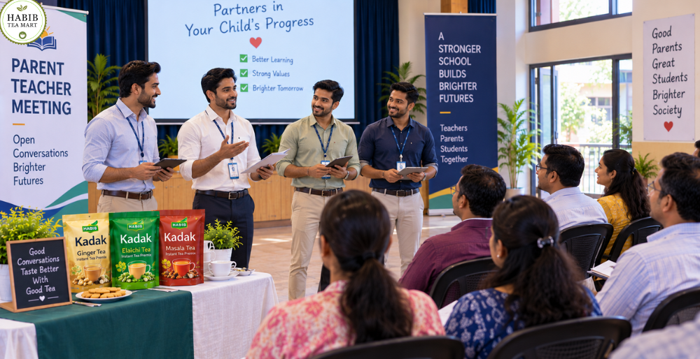 Kadak Ginger Elaichi and Masala Instant Tea Premix during a school meeting