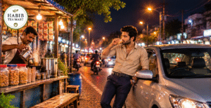 Young driver enjoying chai beside a silver sedan at a roadside tea stall after sunset