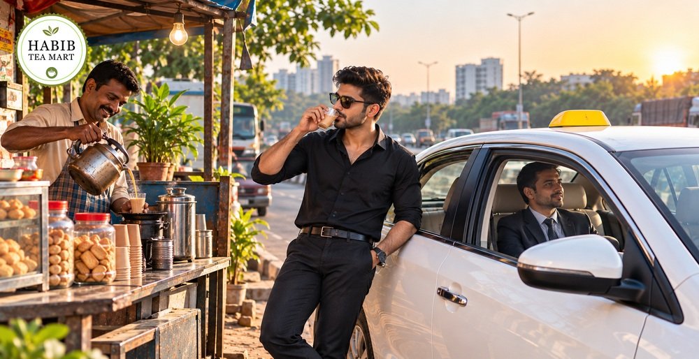Taxi driver enjoying morning chai beside a white taxi at a roadside tea stall