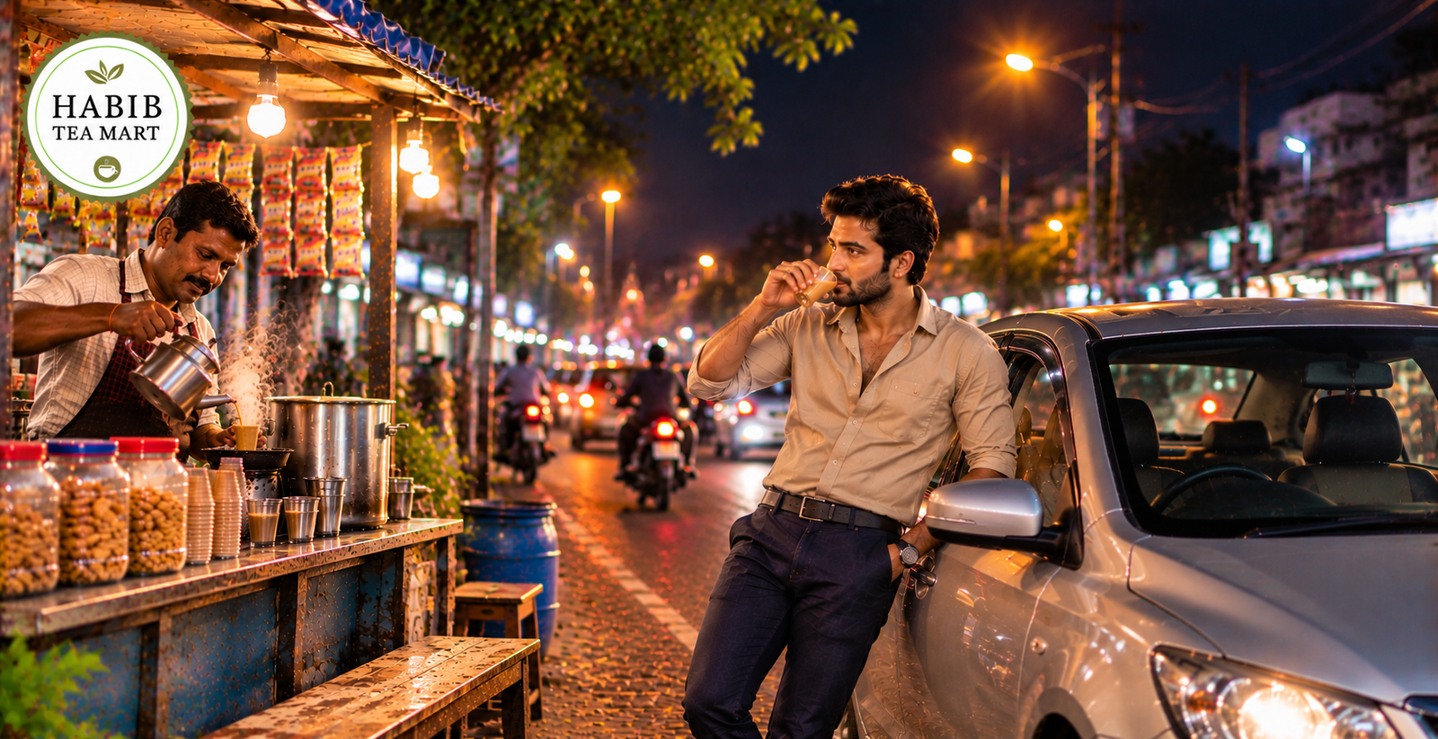 Young driver enjoying chai beside a silver sedan at a roadside tea stall after sunset